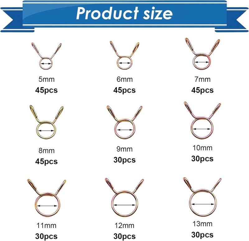 Eoppen 330pcs 5-13mm Spring Hose Clamps Small Hose Clamps Fuel Line Hose Water Pipe Air Tubing Spring Clips Clamps Assortment Kit (9 Sizes) - Image 2